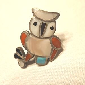 Vintage Native American Zuni Owl Multi Stone Inlay Silver Ring Size 4.5